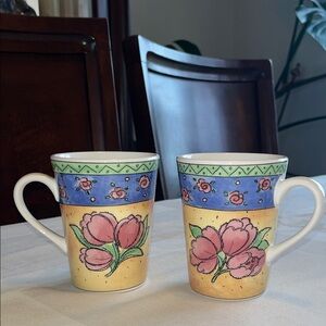 Vintage Sago Watercolors Set Of Two Multicolor Floral Mugs Design by Sue Zipkin